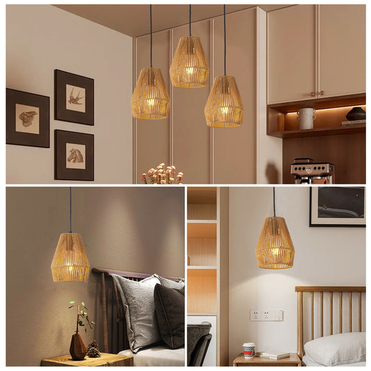 7inch Set Of 3 Rustic Hemp Rope Pendant Light, Handcrafted Farmhouse Hanging Light Fixture, Adjustable Height Ceiling Lamp For Kitchen Island, Dining Room,Or Living Room, Natural Woven Design No Bulbs