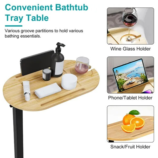 C-Shaped Bathtub Tray Table With Adjustable Height 360 Rotatable Desktop Freestanding Bath Caddy Against Wall Couch Bed Sofa Side Table