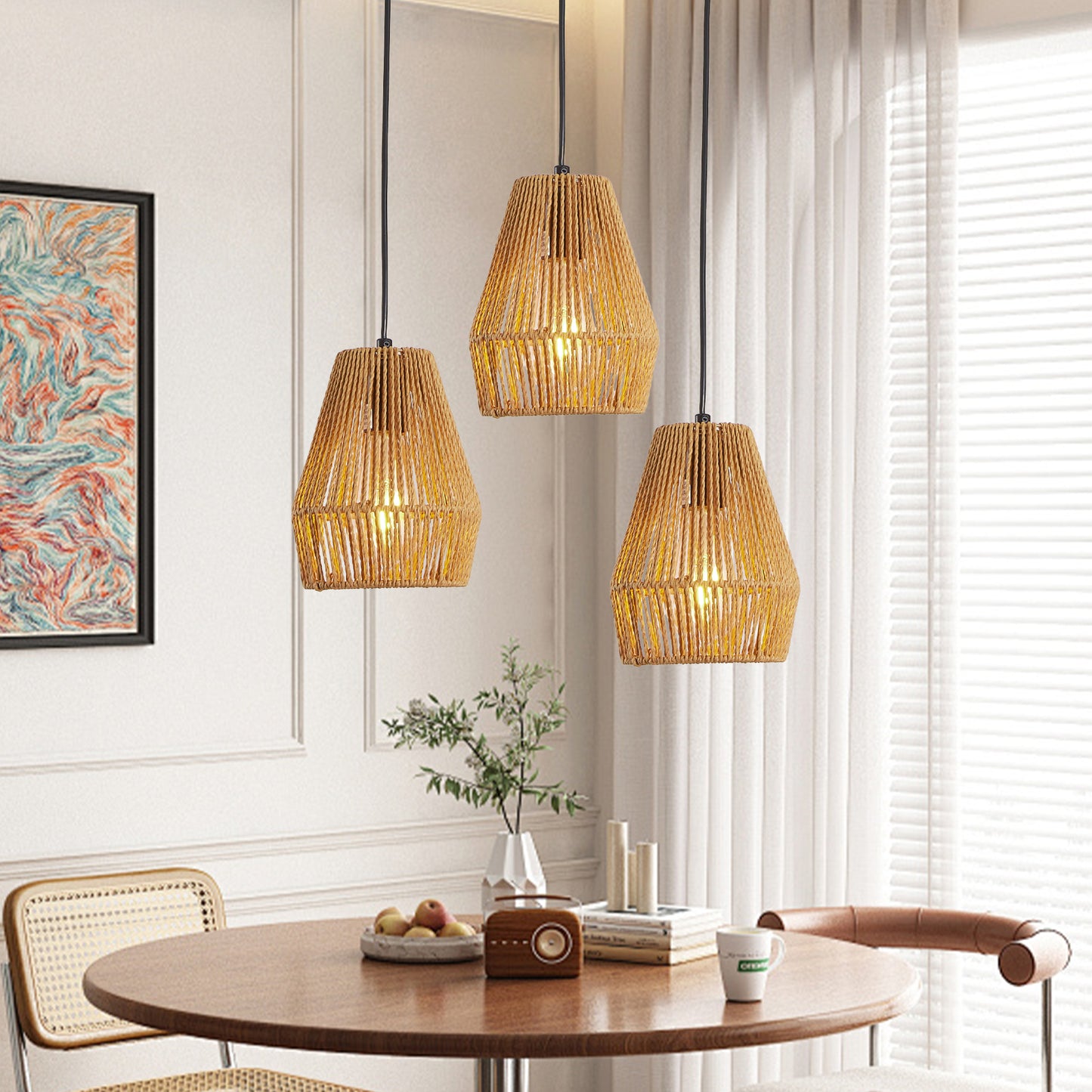 7inch Set Of 3 Rustic Hemp Rope Pendant Light, Handcrafted Farmhouse Hanging Light Fixture, Adjustable Height Ceiling Lamp For Kitchen Island, Dining Room,Or Living Room, Natural Woven Design No Bulbs