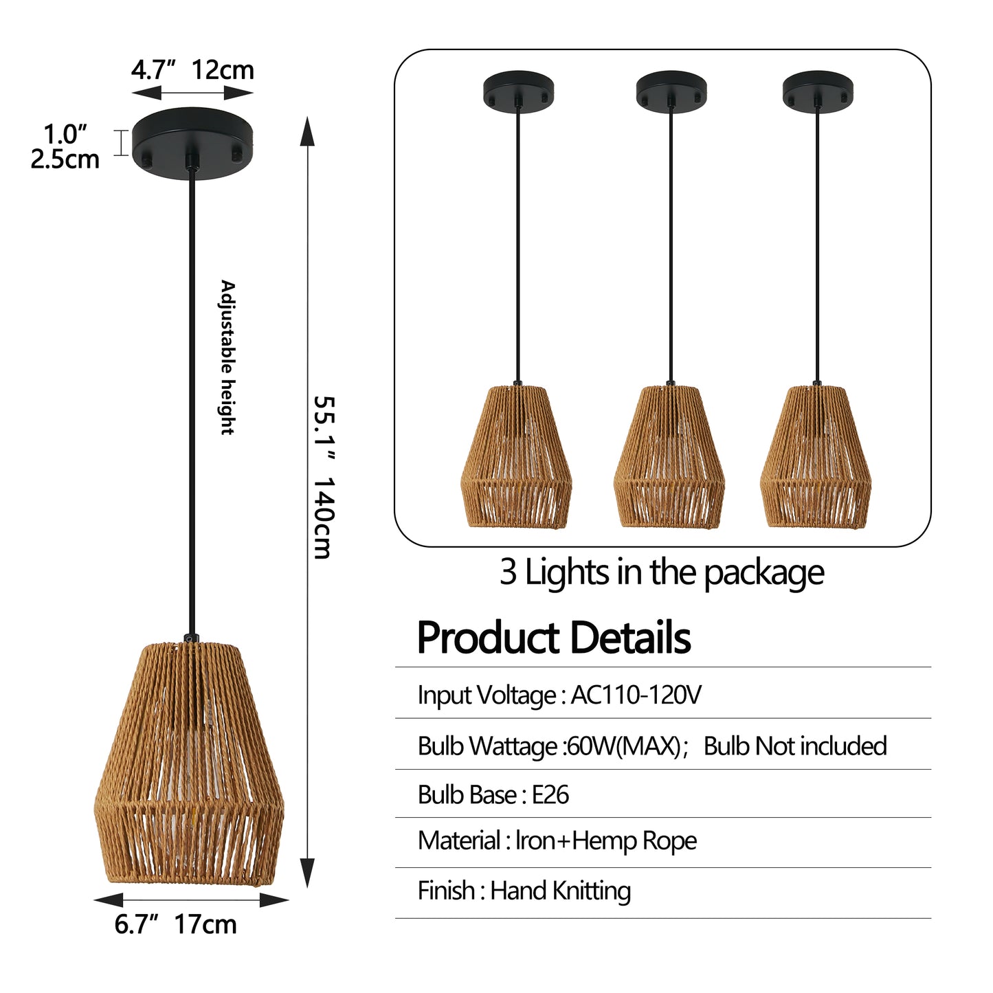 7inch Set Of 3 Rustic Hemp Rope Pendant Light, Handcrafted Farmhouse Hanging Light Fixture, Adjustable Height Ceiling Lamp For Kitchen Island, Dining Room,Or Living Room, Natural Woven Design No Bulbs