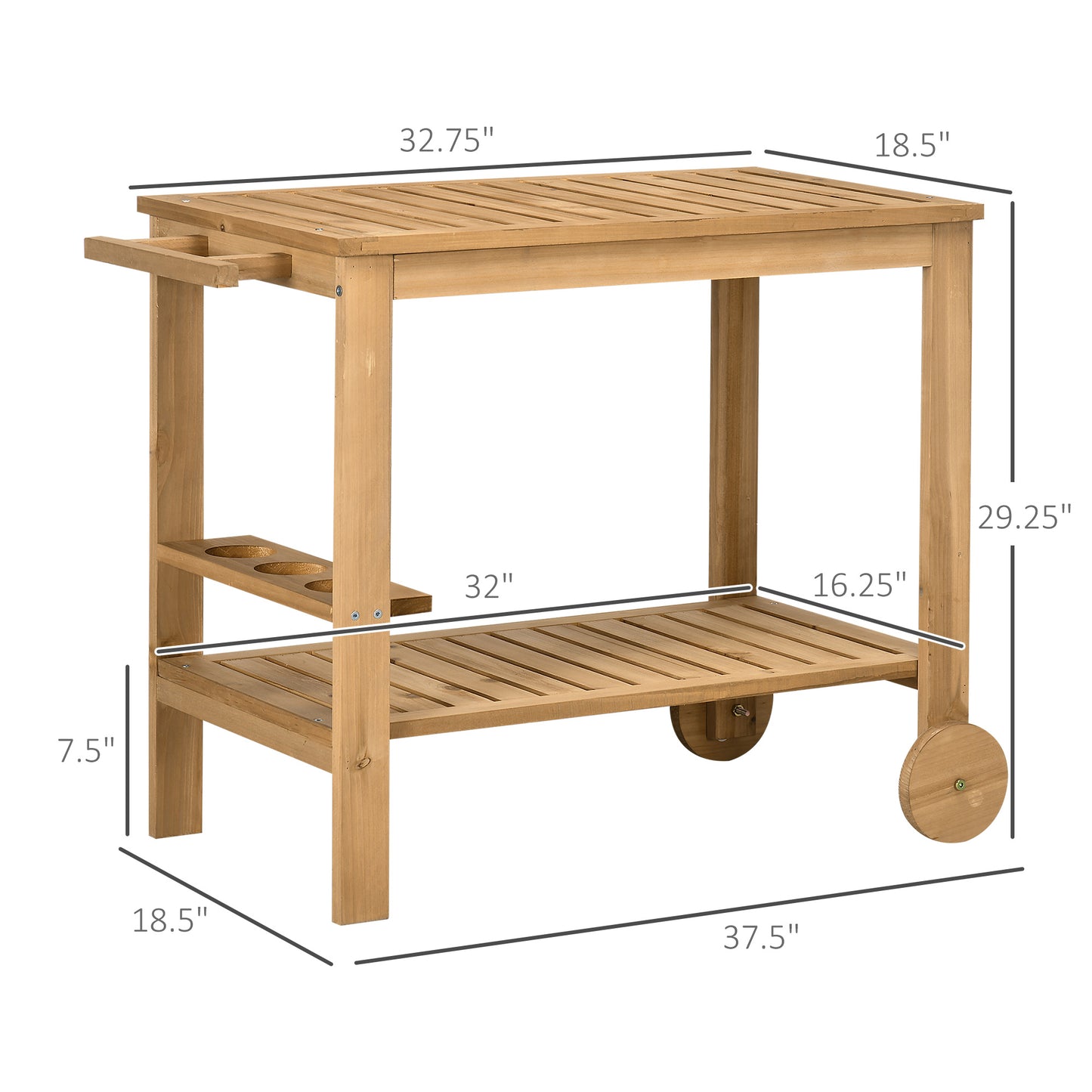 Outdoor Bar Cart, Wood Rolling Home Bar & Serving Cart with 2 Shelves, Wine Bottle Holders for Garden, Dining Room, Natural