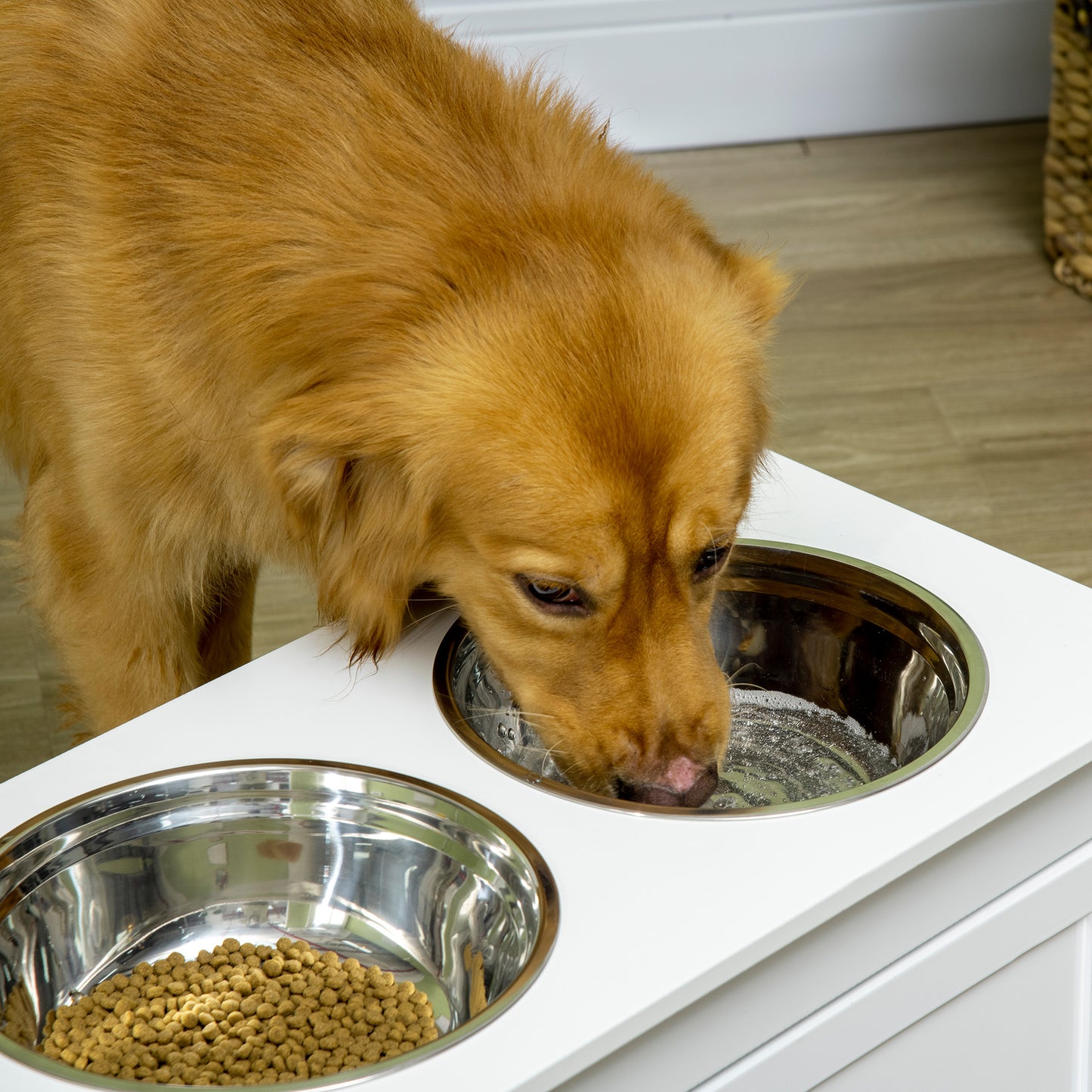 Large Elevated Dog Bowls with Storage Drawer Containing 11L Capacity, Raised Dog Bowl Stand Pet Food Bowl Dog Feeding Station, White
