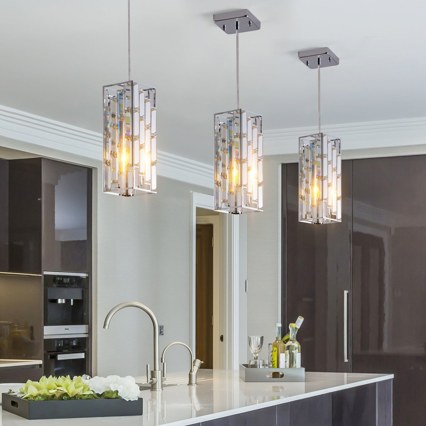 4inch Modern Crystal Pendant Light 3 Pack, Adjustable Hanging Ceiling Lamp With Crystal Prism Design For Dining Room, Kitchen Island, And Living Room -Chrome Finish