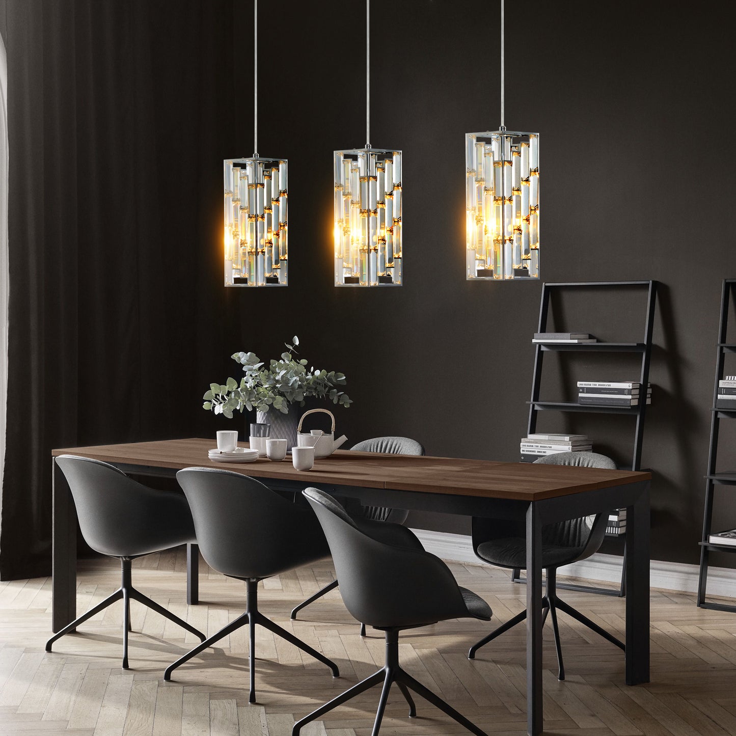 4inch Modern Crystal Pendant Light 3 Pack, Adjustable Hanging Ceiling Lamp With Crystal Prism Design For Dining Room, Kitchen Island, And Living Room -Chrome Finish